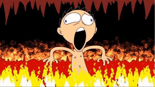 a cartoon of a man in a cave with flames coming out of it