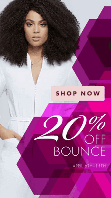 a woman in a white dress stands in front of an advertisement for 20 % off bounce