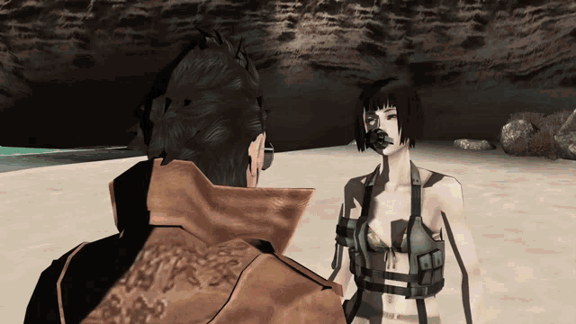 a man and a woman are standing on a beach talking