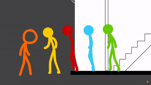 a group of stick figures walking down stairs