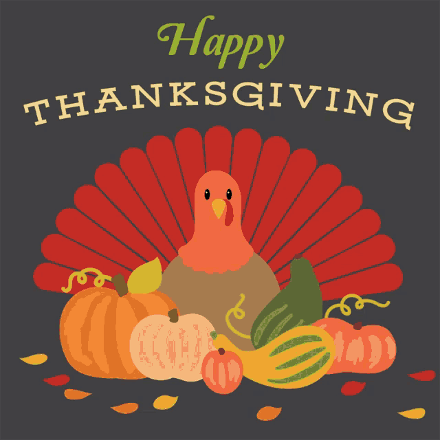a happy thanksgiving greeting card with a turkey pumpkins and leaves