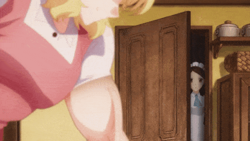 a woman in a pink apron is standing next to a maid