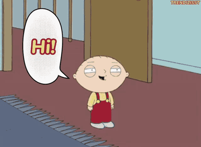 a cartoon character with a speech bubble that says hi on it
