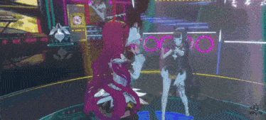 two anime characters are standing next to each other in a dark room