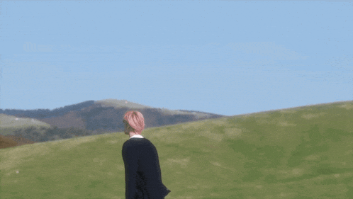 a man with pink hair stands in a grassy field with mountains in the background