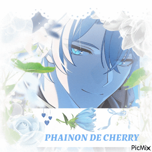 a picture of a blue haired anime character with the name phainon de cherry