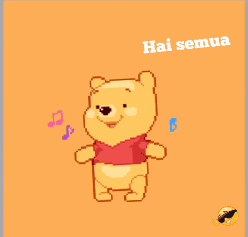 a pixel art of winnie the pooh with the words hai semua behind him