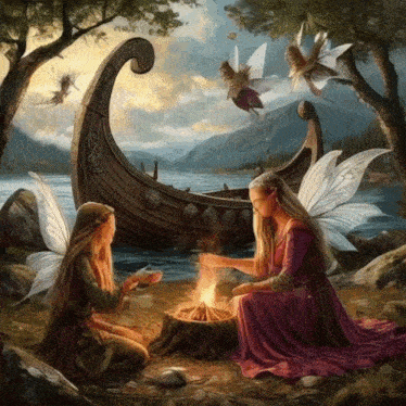 a painting of two fairies sitting around a fire