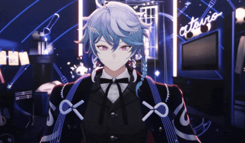 a boy with blue hair and red eyes stands in front of a sign that says otsukio