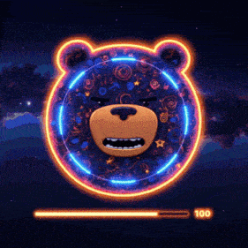 a teddy bear is surrounded by a glowing circle and the number 100 is on the bottom