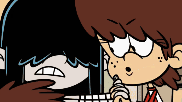 a couple of cartoon characters standing next to each other with one holding a pen