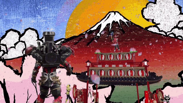 a painting of a samurai standing in front of a mountain