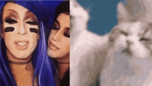a woman with blue hair is next to a cat