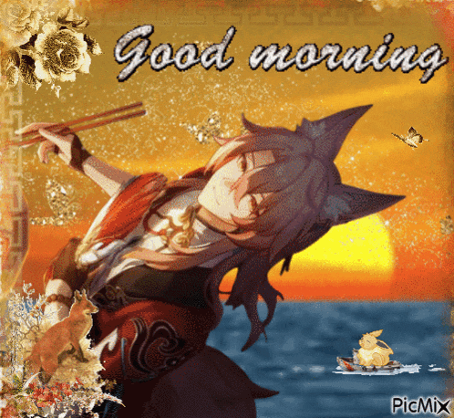 a picture of a girl with chopsticks and the words good morning on it