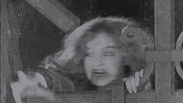 a black and white photo of a woman with a pig 's head behind a wooden fence .