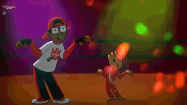 two cartoon characters are dancing on a stage with a purple background and the word virgil on it