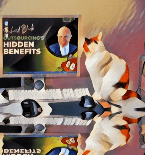 a cat sits in front of a computer screen that says richard blahk outsourcing 's hidden benefits