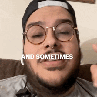 a man wearing glasses and a baseball cap says " and sometimes "