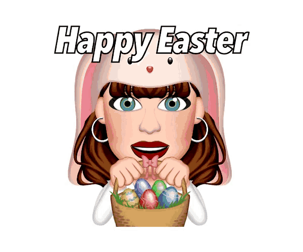 a cartoon girl is holding a basket full of easter eggs and the words happy easter are above her