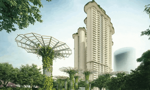 an artist 's impression of a very tall building surrounded by trees and palm trees