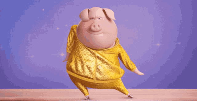 a cartoon pig in a gold outfit is dancing