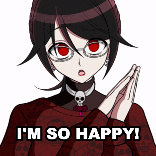 a girl with red eyes is wearing a red sweater with skulls and the words i 'm so happy