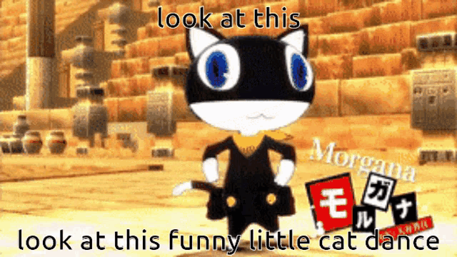 a picture of morgana from persona 5 with the caption look at this funny little cat dance