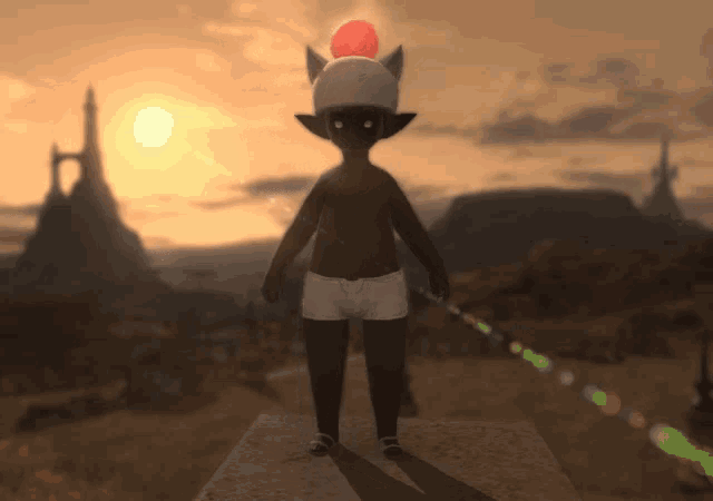 a cartoon character wearing a white hat with a red ball on top of it