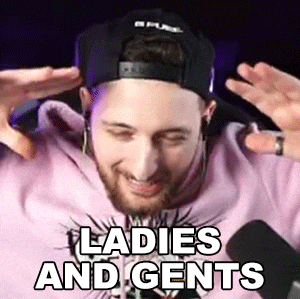 a man wearing a hat and a pink shirt with the words ladies and gents on it