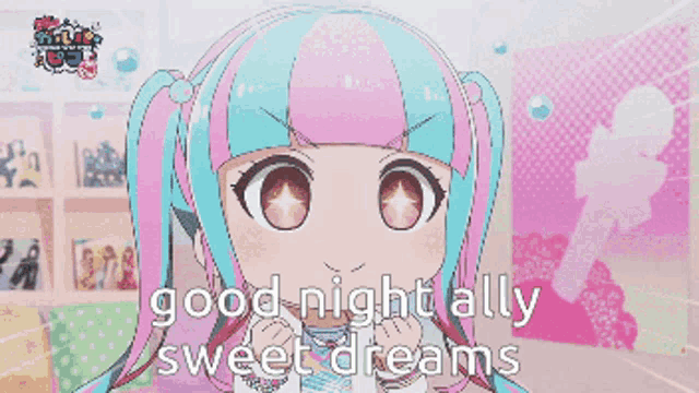 a cartoon girl with pink and blue hair and the words good night ally sweet dreams