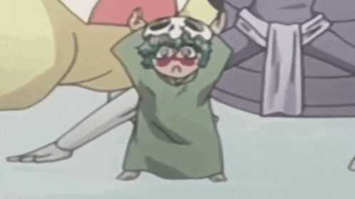 a cartoon character wearing a mask and glasses is standing on the floor .