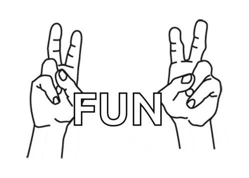 a black and white drawing of hands holding the word fun