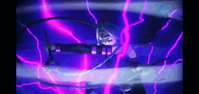 a person is holding a sword in a dark room with purple lightning coming out of the ceiling .