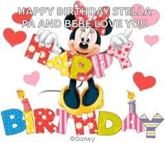 a happy birthday stella pa and bebe love you greeting card with minnie mouse holding a gift box .
