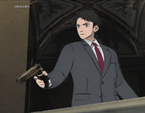 a cartoon of a man in a suit and tie holding a gun with the hashtag zibstoilet at the bottom