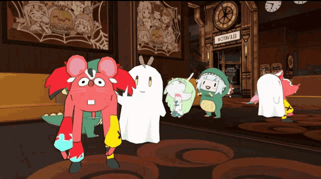 a group of cartoon characters are standing in front of a sign that says schedule