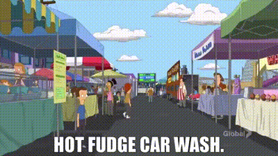 a cartoon scene of a car wash with the words hot fudge car wash