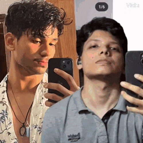 two young men are taking a selfie with their phones .