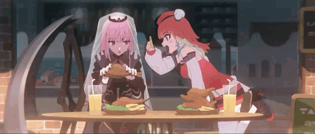 two anime girls are sitting at a table eating