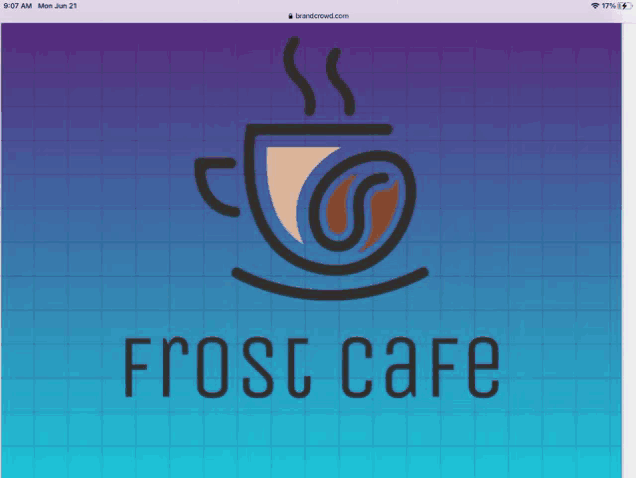 a phone screen shows the frost cafe logo on a blue and purple background