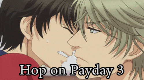 a picture of two men kissing with the words hop on payday 3 below them