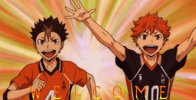 two anime characters are standing next to each other with their arms in the air in front of a welcome message