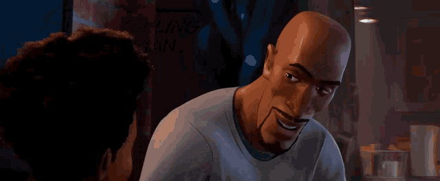 a bald man with a mustache is talking to a young boy