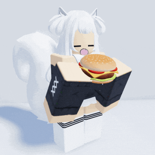 a cartoon girl with white hair is holding a hamburger