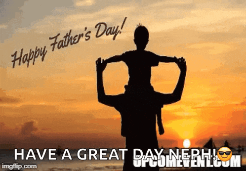 a happy father 's day greeting card with a man carrying a child on his shoulders .