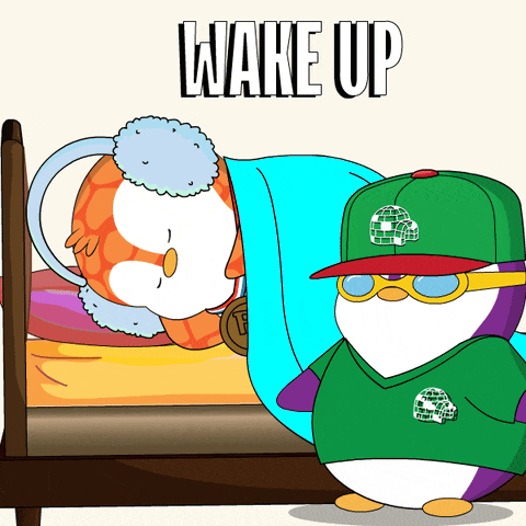 a cartoon of a penguin standing next to a sleeping penguin with the words wake up above it