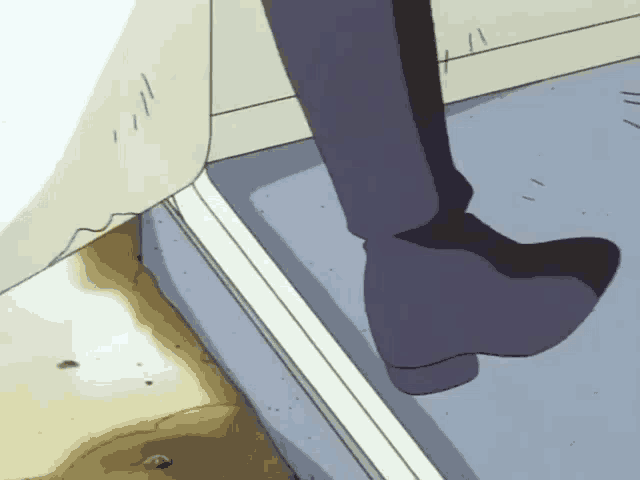 a cartoon of a person 's foot walking on a dirty floor