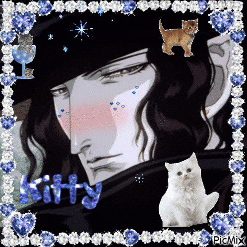 a picture of a man with cats and the word kitty in the corner