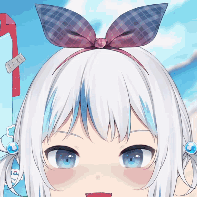 a girl with white hair and blue eyes is wearing a headband