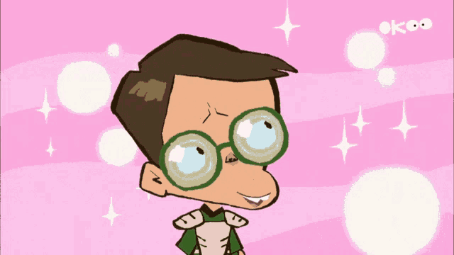 a cartoon drawing of a boy wearing glasses with the word ok on the bottom